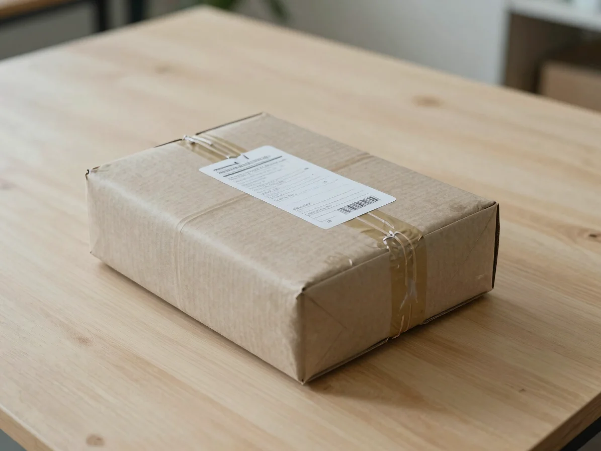 Documentary delivery photography, soft natural daylight, a parcel