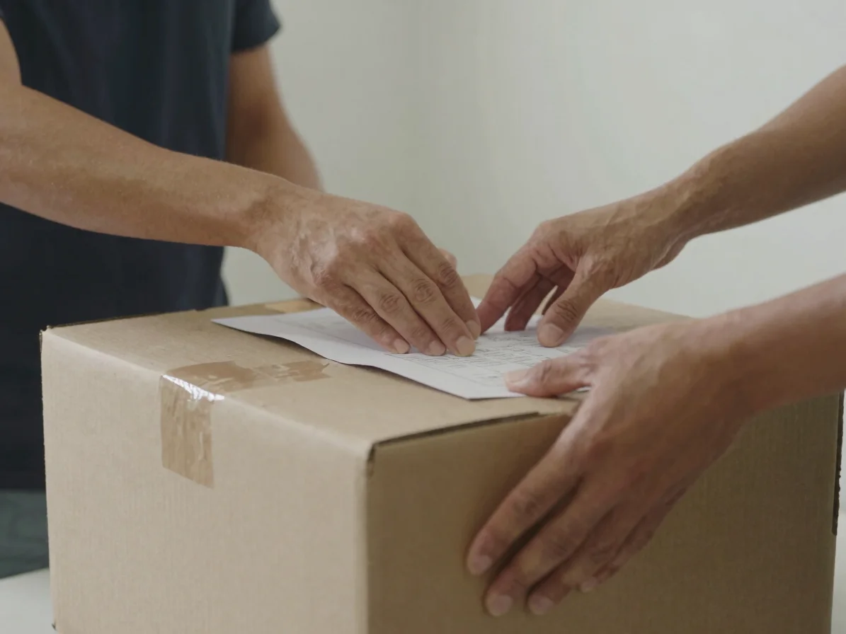 Documentary delivery photography, close-up of hands padding a box