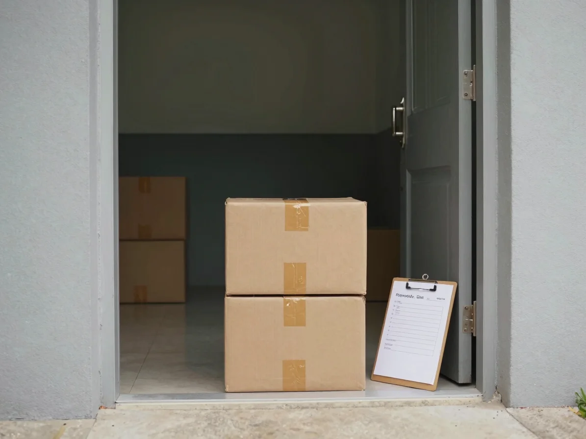 Documentary delivery photography, wide view of a parcel staged by